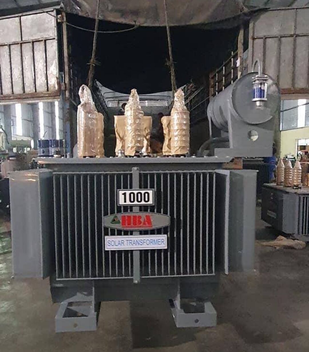1000 solar transformer with packaged bushings ready for loading